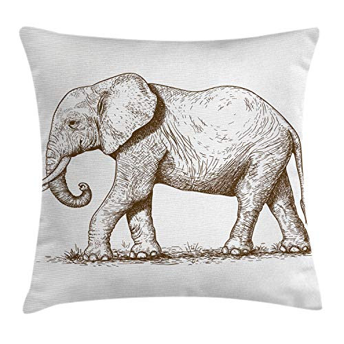 Ambesonne Elephant Throw Pillow Cushion Cover, Safari Animal Sketchy Style Mammal Modern Wilderness Illustration, Decorative Square Accent Pillow Case, 18inch  X 18inch , Brown White