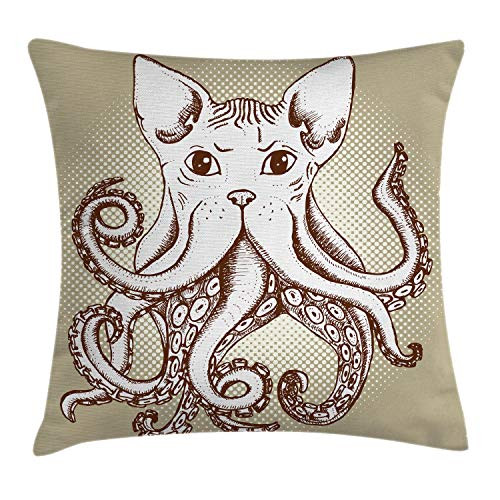 Ambesonne Octopus Throw Pillow Cushion Cover, Octopus with Cat Head Illustration Vintage Style Cartoon Cat with Tentacles Print, Decorative Square Accent Pillow Case, 18inch  X 18inch , White Brown