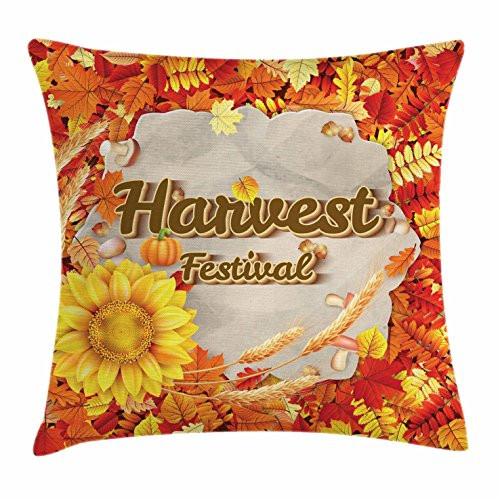 Ambesonne Harvest Throw Pillow Cushion Cover, Harvest Festival Poster Design with Vibrant Autumn Leaves and Sunflower, Decorative Square Accent Pillow Case, 18inch  X 18inch , Orange Yellow Brown