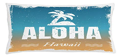 Lunarable Vintage Hawaii Throw Pillow Cushion Cover, Aloha Words Grunge Style Framework Sky Background Vintage Effect, Decorative Rectangle Accent Pillow Case, 36inch  X 16inch , Blue Sand Brown White