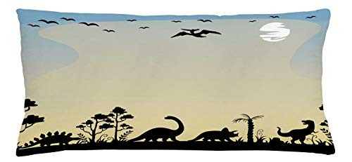 Lunarable Dinosaur Throw Pillow Cushion Cover, Dinosaurs in Fauna Graphic Illustration Extinct Animals Sunset Prehistoric Time, Decorative Rectangle Accent Pillow Case, 36inch  X 16inch , Sand Brown