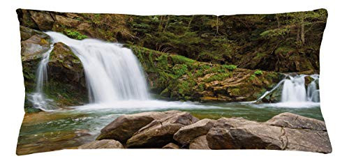 Ambesonne Waterfall Throw Pillow Cushion Cover, Photo of Mother and Baby Waterfalls by The Mountain Side with Moss on Rocks, Decorative Rectangle Accent Pillow Case, 36inch  X 16inch , Green and Brown