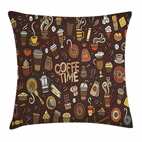 Ambesonne Coffee Throw Pillow Cushion Cover, Hand Drawn Cartoon Coffee Time Theme Sweets and Drinks Ornamental, Decorative Square Accent Pillow Case, 18inch  X 18inch , Brown Multicolor
