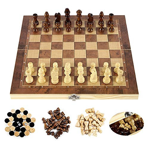 Foldable Magnetic Wooden Chess, Springhall 3 IN 1 Wooden International Chess Set Wooden Standard Chess Board games Travel Portable Folding Chess Board Game Sets for All Ages