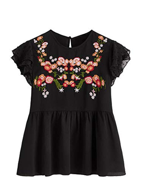 Floerns Women's Floral Embroidered Ruffle Sleeve Peplum Blouse Top A Black M