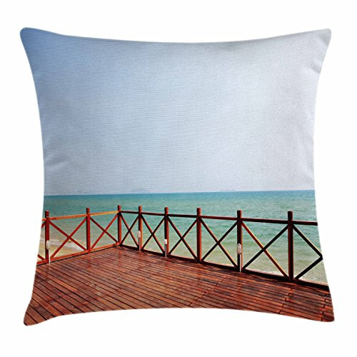Ambesonne Coastal Throw Pillow Cushion Cover, Tropical Holiday Theme Balcony at The Sandy Sea Shore Beach Image, Decorative Square Accent Pillow Case, 18inch  X 18inch , Brown White and Pale Blue