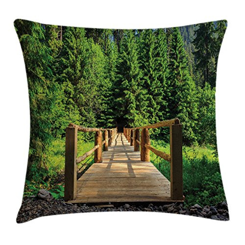 Ambesonne Landscape Throw Pillow Cushion Cover, Wooden Bridge into The Depths of Fresh Pine Forest in a Summer Day Image, Decorative Square Accent Pillow Case, 18inch  X 18inch , Green Pale Brown