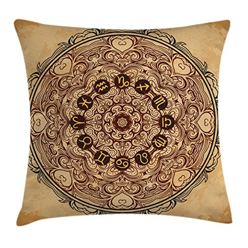 Ambesonne Zodiac Throw Pillow Cushion Cover, Micro Cosmos Universe Eastern Lace Mandala Form with Signs on Grunge Backdrop, Decorative Square Accent Pillow Case, 18inch  X 18inch , Brown Tan