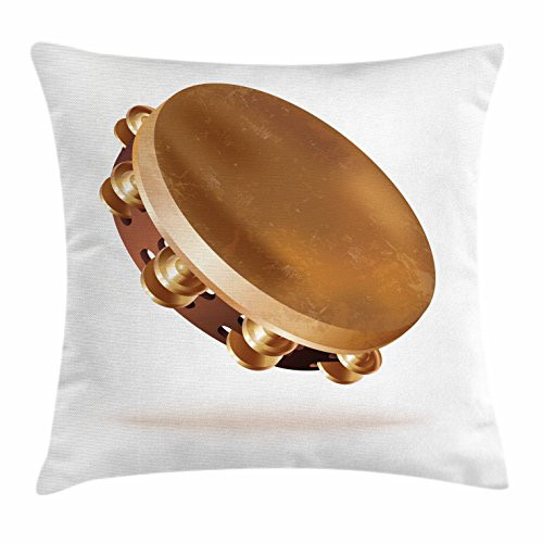 Lunarable Tambourine Throw Pillow Cushion Cover, Traditional Hand Percussion Instrument with Pair of Jingles Folk Rhythm, Decorative Square Accent Pillow Case, 18inch  X 18inch , Caramel Brown White