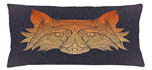 Lunarable Tribal Throw Pillow Cushion Cover, Ornate Patterned Head of The Red Fox Animal on Floral Swirled Background, Decorative Rectangle Accent Pillow Case, 36inch  X 16inch , Apricot Brown