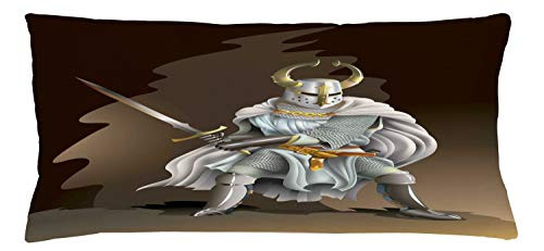 Lunarable Medieval Throw Pillow Cushion Cover, Illustration of Heavy Armored Knight of Kingdom Empire in The Past Times Culture, Decorative Rectangle Accent Pillow Case, 36inch  X 16inch , White Brown