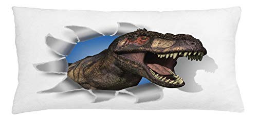 Lunarable Jurassic Throw Pillow Cushion Cover, Tyrannosaurus Rex Pokes Head Through Paper Wall Dinosaurs Extinct Large, Decorative Rectangle Accent Pillow Case, 36inch  X 16inch , Seal Brown White