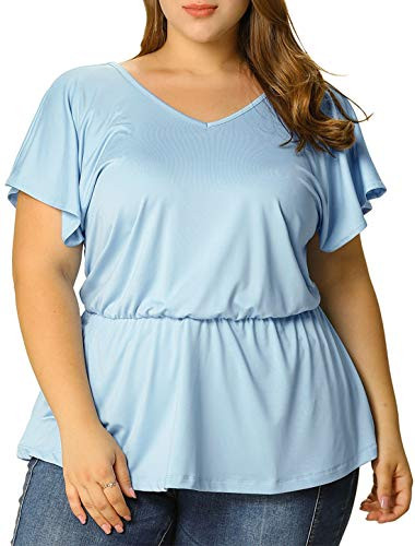 Agnes Orinda Women's Plus Size V Neck Top Work Ruffle Sleeve Loose Peplum Tops 1X Light Blue