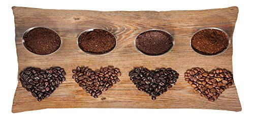 Ambesonne Coffee Throw Pillow Cushion Cover, Overview Layout of Beans in The Shape of Hearts and Ground Coffee, Decorative Rectangle Accent Pillow Case, 36inch  X 16inch , Dark Brown and Pale Caramel