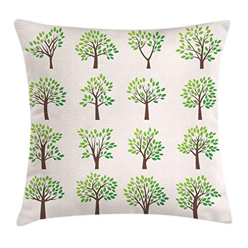 Ambesonne Green Abstract Throw Pillow Cushion Cover, Different Design Trees Nature Composition Botanical Concept, Decorative Square Accent Pillow Case, 18inch  X 18inch , Brown and Pale Eggshell