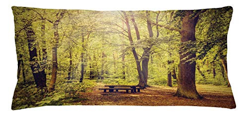 Ambesonne Forest Throw Pillow Cushion Cover, Picnic Table in The Forest Foliage Greenery Nature Theme Summer and Winter Theme, Decorative Rectangle Accent Pillow Case, 36inch  X 16inch , Green Brown