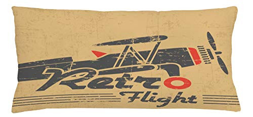 Ambesonne Vintage Airplane Throw Pillow Cushion Cover, Retro Flight Emblem with Old Plane Stripes Grunge Style, Decorative Rectangle Accent Pillow Case, 36inch  X 16inch , Sand Brown Grey Vermilion