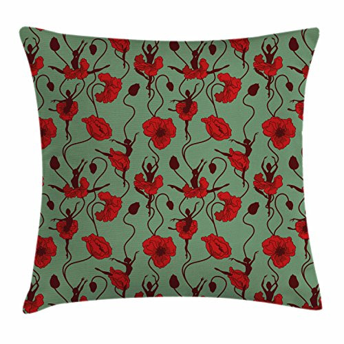 Ambesonne Poppy Flower Throw Pillow Cushion Cover, Floral Arrangement with Abstract Ballerina Dance Themed Botany, Decorative Square Accent Pillow Case, 18inch  X 18inch , Green Chestnut Brown Red