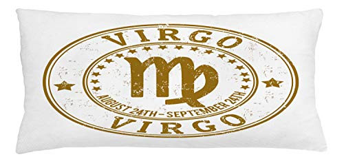 Ambesonne Zodiac Virgo Throw Pillow Cushion Cover, Astrology Grunge Rubber Stamp Design with Stars and Dates Retro Sign, Decorative Rectangle Accent Pillow Case, 36inch  X 16inch , Brown and White