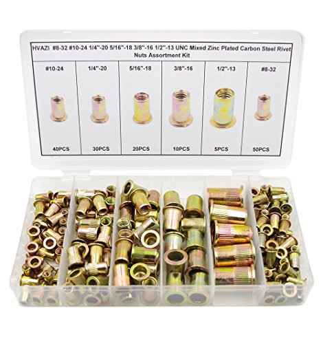 HVAZI #8-32UNC #10-24UNC 1/4-20UNC 5/16-18UNC 3/8-16UNC 1/2-13UNC Mixed Zinc Plated Carbon Steel Rivet Nuts Assortment Kit; Rivet Nut Threaded Flat Head Insert Nutsert