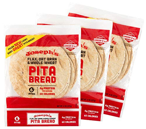 Joseph's Pita Bread Value 3-Pack, Flax Oat Bran and Whole Wheat, 7g Carbs per Serving 6 per Pack, 18 Pitas Total