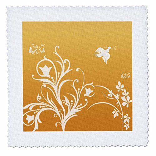 3dRose qs_36125_1 Floral Pattern in White on a Orange to Pumpkin Background with Dove and Butterflies-Quilt Square, 10 by 10-Inch