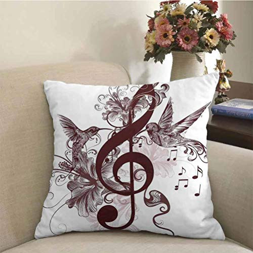prunushome Music Pillowcase Cute Floral Design with Treble Clef and Singing Flying Birds Sparrows Art Square Pillowcase Decor Chesnut Brown White for Home Decorative Friends Gift  24 x 24 inch