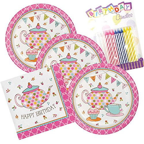 JJ Party Supplies Tea Time Happy Birthday Theme Plates and Napkins Serves 16 with Birthday Candles