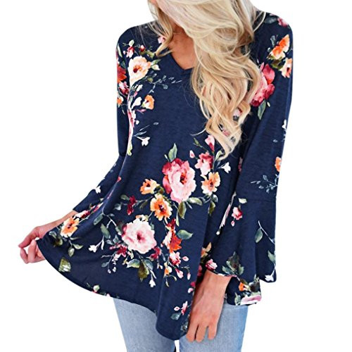 MALLOOM Women's Plus Size Floral Print Autumn Blouse Long Sleeve Casual T-Shirt Top XXL, Blue