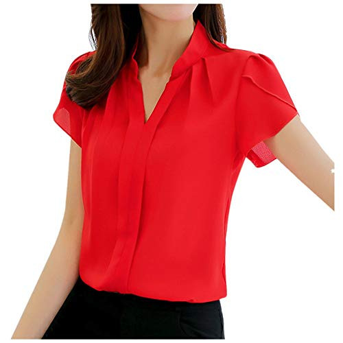 Pervobs Cute  and  Sweet Women Shirt Summer Work Office V Neck Short Sleeve Solid Chiffon Blouse T-Shirt Top Blusa2XL, Red