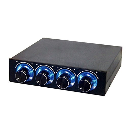 PerryLee Four Channel Turn Knob Multi-Fan Cooling Controller Front Panel -3.5 inch 4 Pin Connector Port CPU HDD Temp PC Computer Fan Speed Controller Control for Desktop Blue LED