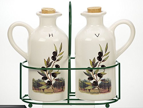 French Inspired Ceramic Olive Design Oil and Vinegar Pitchers in Wire Holder
