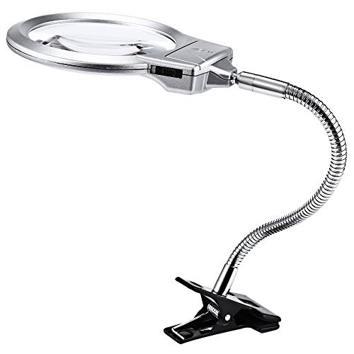 LED Magnifying Glass Lamp Clip-on Tabletop 5X 2.25x Magnifier Adjustable Metal Clamp for Hobby,Crafts,Inspection,Reading,Model Building,Soldering,Sewing Silver