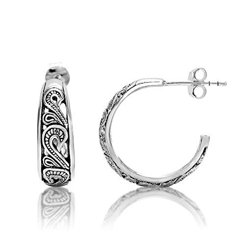 925 Oxidized Sterling Silver Bali Inspired Filigree Half Hoop Post Earrings 925 Oxidized Sterling Silver Bali Inspired Filigree Half Hoop Post Earrings