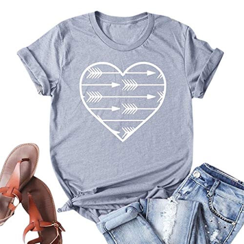 Women T-Shirt Heart Printed Short Sleeve Tees Tops Blouses for Women Casual Loose Summer Graphic Cute Top Tunics Gray