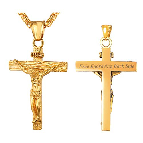 U7 Men Crucifix Cross Pendant 18K Gold Plated Jesus Religious Jewelry with Chain 24inch , Back Side Custom Engrave U7 Men Crucifix Cross Pendant 18K Gold Plated Jesus Religious Jewelry with Chain 24inch , Back Side Custom Engrave