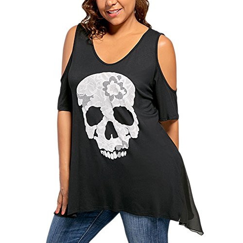 HGWXX7 Womens Fashion Casual Plus Size Off Shoulder Skull Print T-Shirt Tops Blouse XL, Black