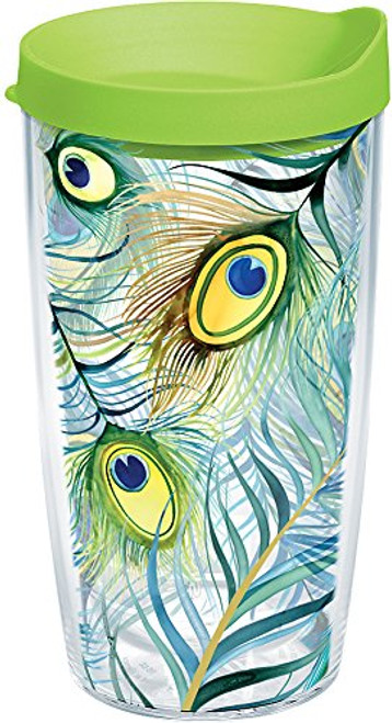 Tervis 1164550 Peacock Insulated Tumbler with Wrap and Lime Green Lid, 16oz, Clear