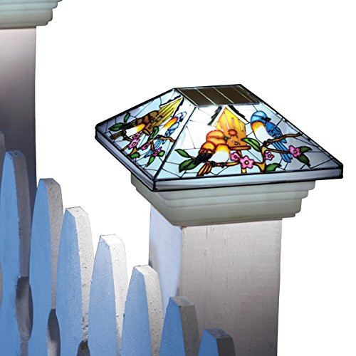 Collections Etc Solar Fence Stained Glass Effect Bird Post Light Cap