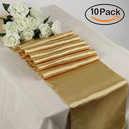 TRLYC Pack of 10 12x108 Inches Gold Satin Table Runners for Wedding Banquet Party Decoration