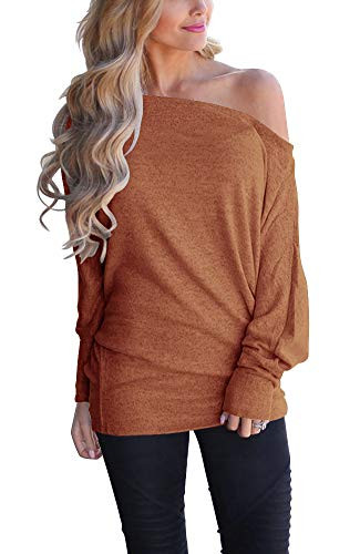 INFITTY Women's Off Shoulder Loose Pullover Sweater Batwing Sleeve Knit Jumper Oversized Tunics Top Brown X-Large