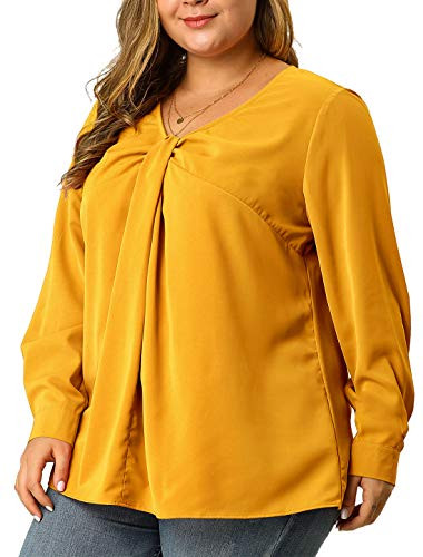 Agnes Orinda Women's Plus Size V Neck Twist Knot Long Sleeve Tops 4X Yellow