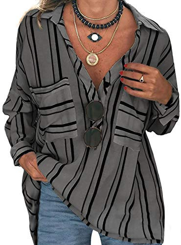 Astylish Womens Casual Long Sleeve Striped V Neck Button Down Blouse Casual Work Shirts Tops Gray Large
