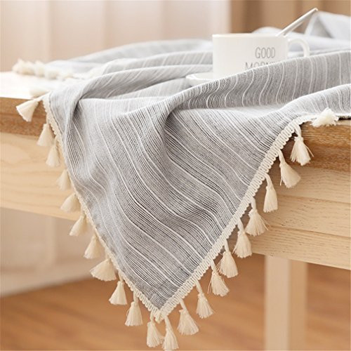 LUCKYHOUSEHOME Black and White Stripe Tassel Rectangular Tablecloth Cotton Linen Rural Home Kitchen Dinning Tabletop Table Cover 55 x 71 Inch