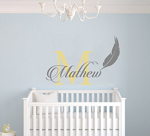 e-Graphic Design Inc Personalized Name and Initial Feather Nursery - Baby Boy Girl Decoration - Mural Wall Decal Sticker for Home Interior Decoration Car Laptop M285 Wide 30inch  x 15inch  Height