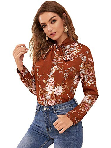 Floerns Women's Floral Print Bow Tied Neck Lantern Long Sleeve Blouse Tops Brown M