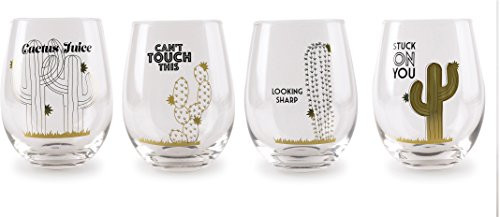 Circleware 77040 Cactus Collection Set/4 Clear Stemless Wine Glass w/Gold Decal Home and Kitchen Utensils, 4-18.9oz, Circleware