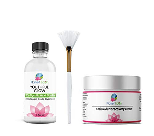 Planet Eden Clinical Strength 70 percent Glycolic Acid Chemical Skin Peel Kit with Antioxidant Recovery Cream Set and Fan Brush - Professional Strength for Wrinkles, Age Spots