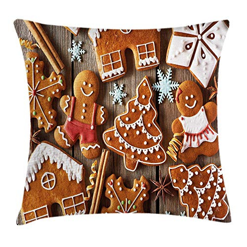 Gingerbread Man Throw Pillow Cushion Cover, Tasty Looking Traditional Cookies Little Snowflakes Cinnamon, Decorative Square Accent Pillow Case, 18 X 18 Inches, Umber Light Brown White