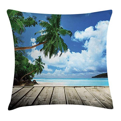 Landscape Throw Pillow Cushion Cover, Tropical Island Beach from Deck Pier by The Ocean with Palm Trees Exotic, Decorative Square Accent Pillow Case, 18 X 18 inches, Green Navy Brown